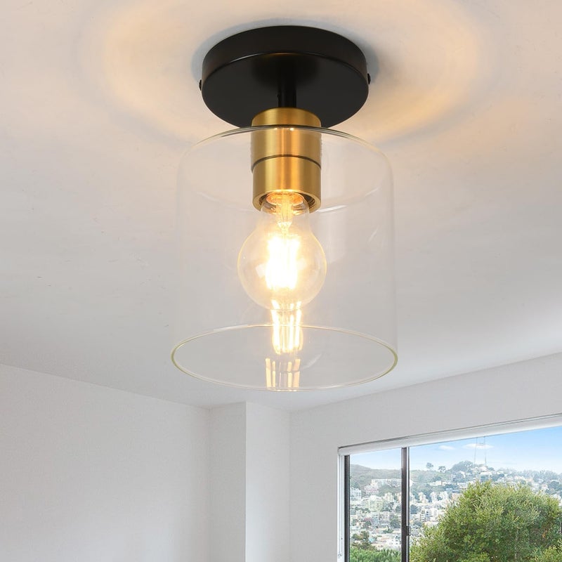 KLSS Black Brass Semi Flush Mount Ceiling Light,Modern Farmhouse Ceiling Light Fixture for Closet Entryway,Hallway Light Fixture 5.9in Clear Glass Shade 1 Pack - Image 2